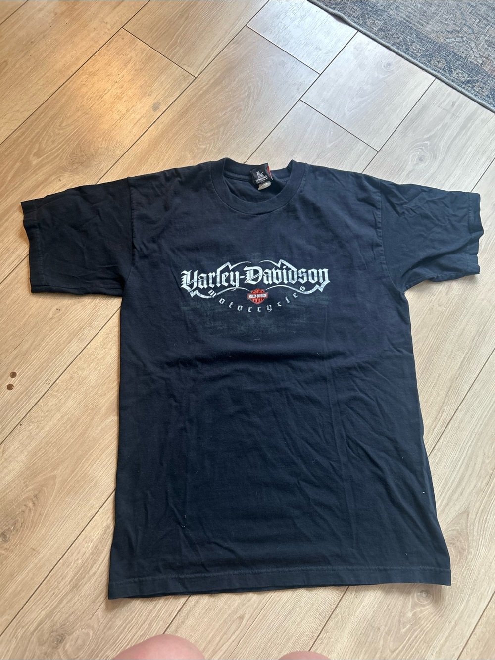 Harley-Davidson Black Tee with White Logo and Small Orange Accent